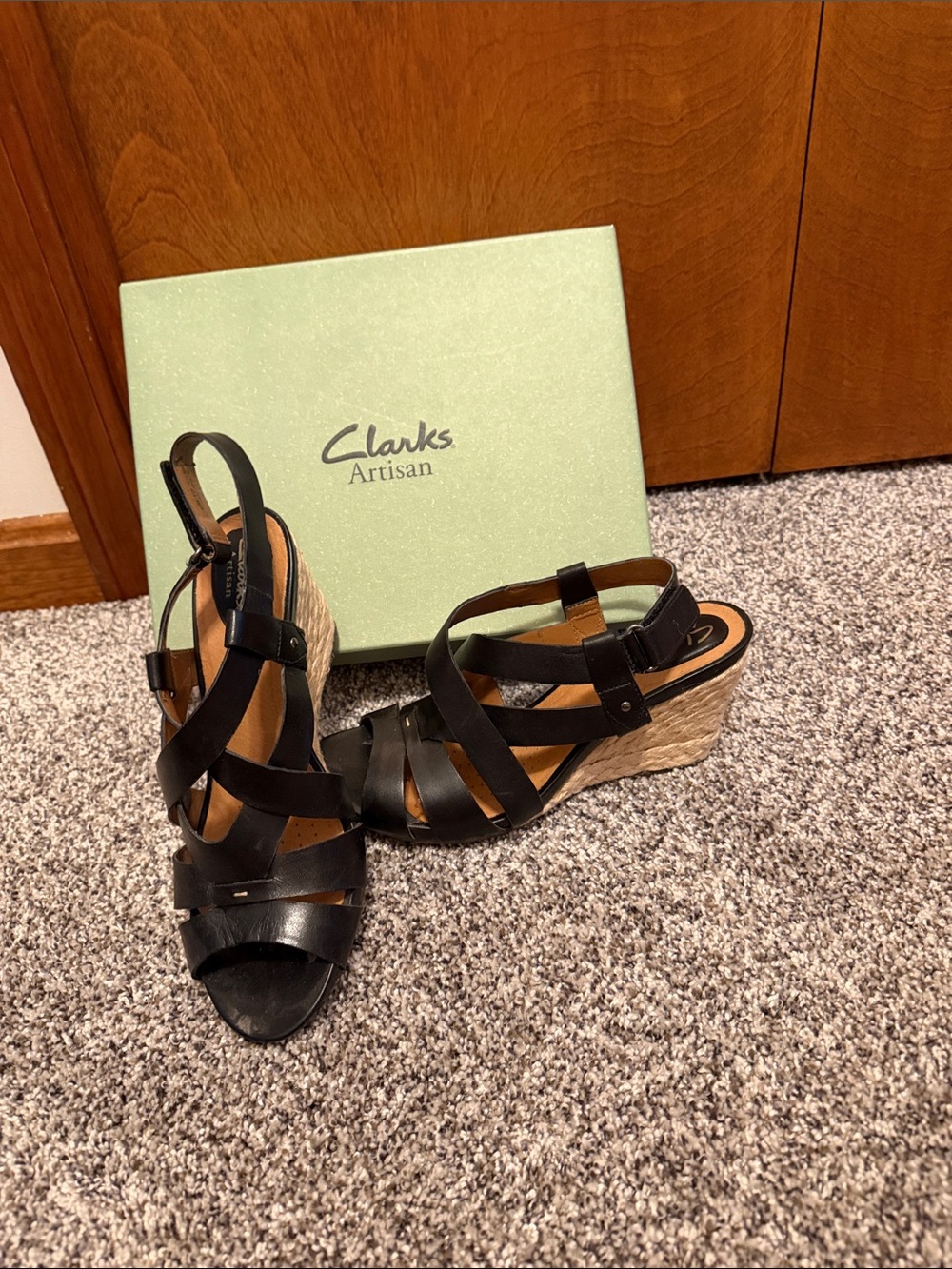 Clarks Black Leather Strappy Wedge Sandals